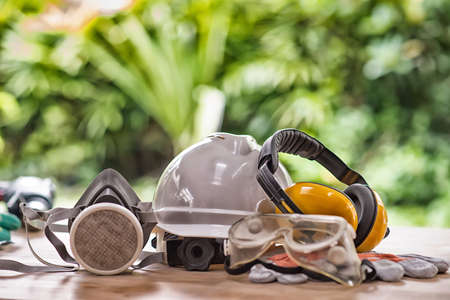 Safety standard set on working table and construction background High Dynamic Range toneの写真素材