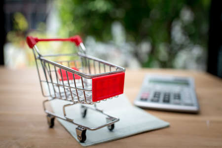 Shopping Online Concept : Mini Shopping Cart On book bankの写真素材