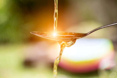 Extra virgin olive oil pouring over a spoonの写真素材