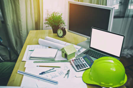 Architect or engineer workplace for architectural plan,sketching a construction project, Business...