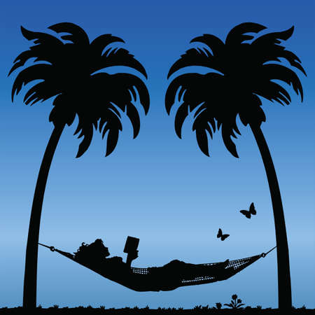 Woman Reading in a Hammock Between Palm Tressのイラスト素材