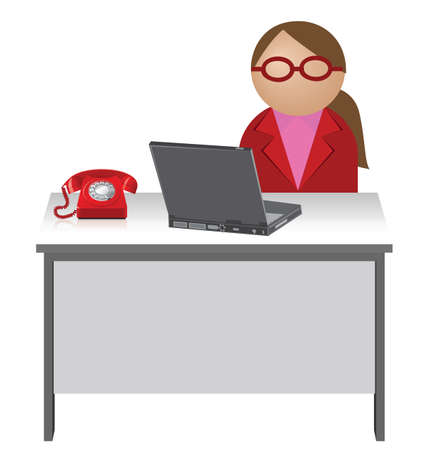 Female worker sat at her desk with telephone and laptopのイラスト素材