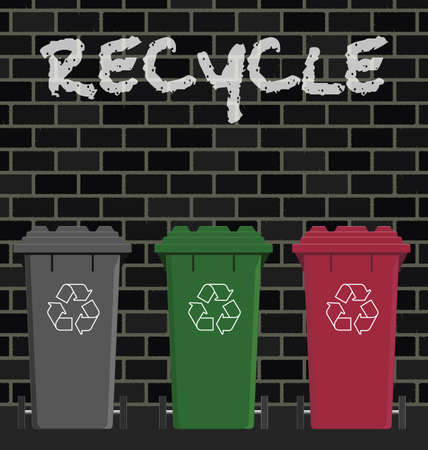 Recycling wheelie bins against a brick wallのイラスト素材