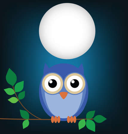Wise old owl sat on a tree branch at nightのイラスト素材