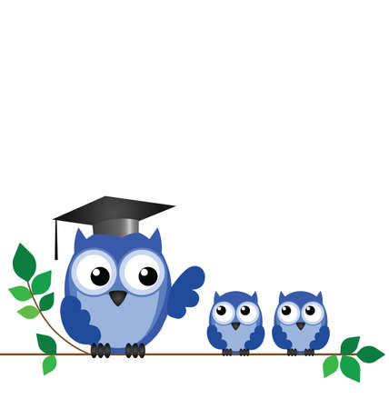Owl teacher and pupils sat on a tree branch with copy spaceのイラスト素材