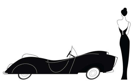 Vintage car and stylish lady isolated on white backgroundのイラスト素材