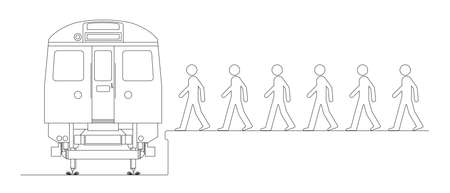 Line drawing of commuters boarding a train to workのイラスト素材