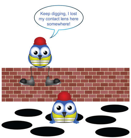 Comical construction workers looking for a contact lens isolated on white backgroundのイラスト素材