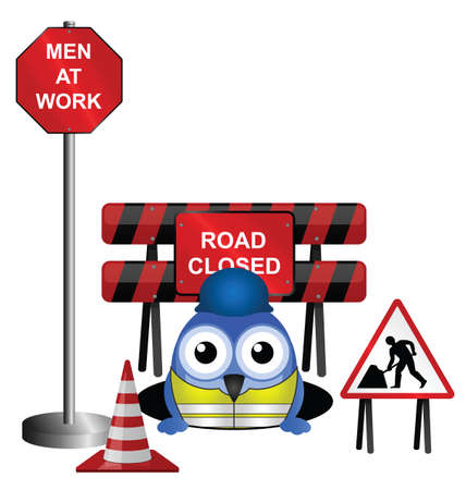 Comical construction worker looking out of his hole isolated on white backgroundのイラスト素材