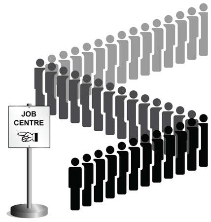 Unemployed people queuing at a job centre sign UK version のイラスト素材
