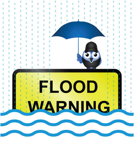 Half submerged flood warning sign with rain fallingのイラスト素材