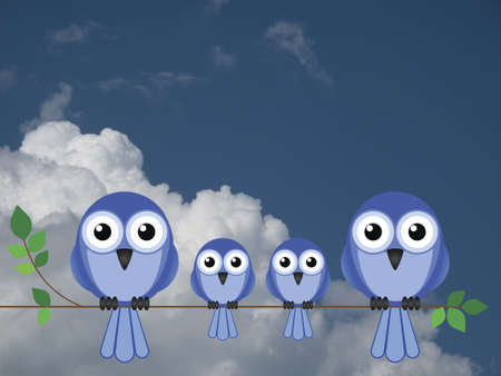 Family of birds sat on a tree branch against a cloudy skyの写真素材