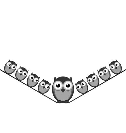 Fat owl perched on a wire with copy space isolated on white backgroundのイラスト素材