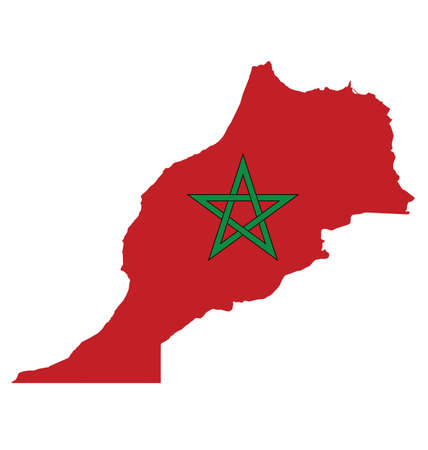 Flag of the Kingdom of Morocco overlaid on outline map isolated on white backgroundのイラスト素材