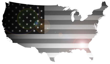Monochrome flag of the United States of America with lighting effect overlaid on outline map isolated on white backgroundの写真素材