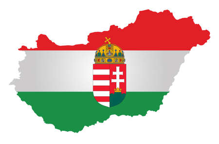 Flag and coat of arms of the Republic of Hungary overlaid on outline map isolated on white backgroundのイラスト素材