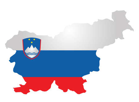 Flag and coat of arms of the Republic of Slovenia overlaid on outline map isolated on white backgroundのイラスト素材
