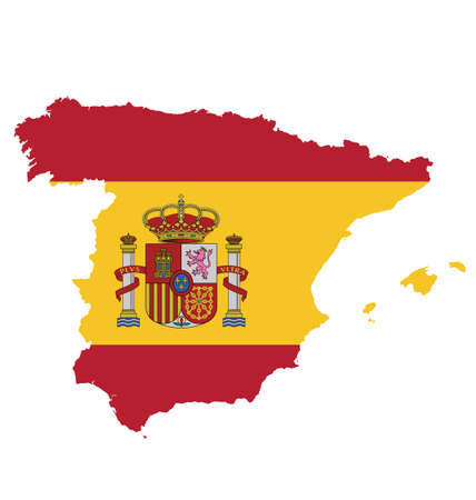 Flag with coat of arms of the Kingdom of Spain overlaid on outline map isolated on white backgroundのイラスト素材