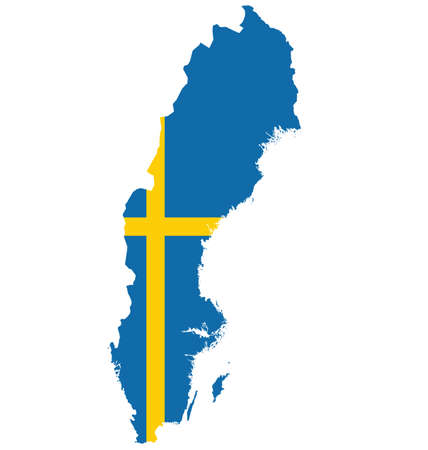 Flag of the Kingdom of Sweden overlaid on outline map isolated on white backgroundのイラスト素材
