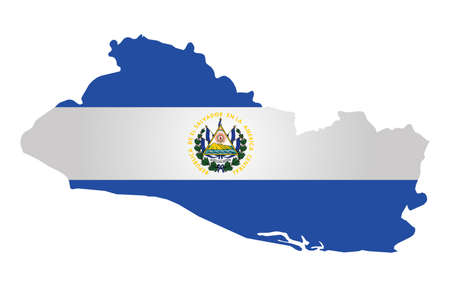 Flag of the Republic of El Salvador overlaid on outline map isolated on white backgroundのイラスト素材