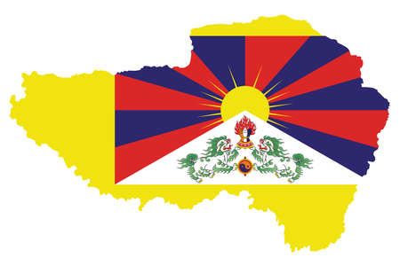 Flag of Tibet also know as the snow lion flag introduced in 1912 overlaid on outline map isolated on white backgroundのイラスト素材