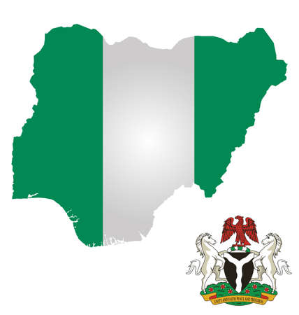 Flag and coat of arms of the Federal Republic of Nigeria overlaid on outline map isolated on white backgroundのイラスト素材