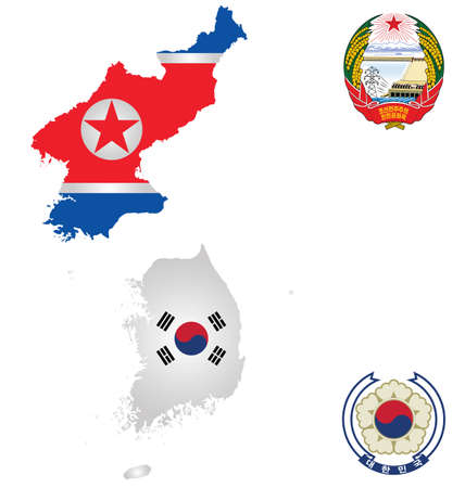 Flags and national emblems of the North and South Korea overlaid on detailed outline map isolated on white backgroundのイラスト素材