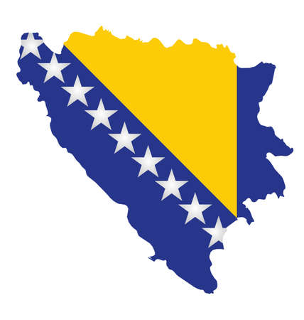 Flag of Bosnia and Herzegovina overlaid on outline map isolated on white backgroundのイラスト素材