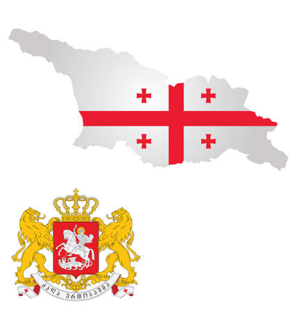 Flag and coat of arms of Georgia overlaid on outline map isolated on white backgroundのイラスト素材