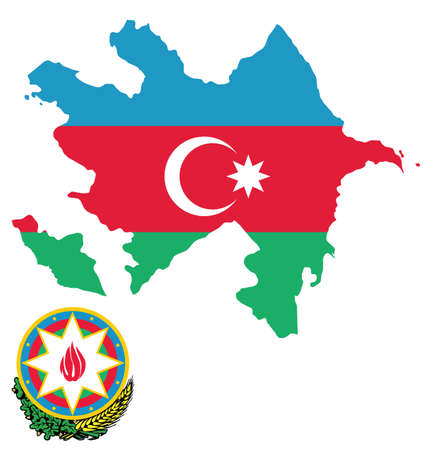 Flag and coat of arms of the Republic o Azerbaijan overlaid on outline map isolated on white backgroundのイラスト素材