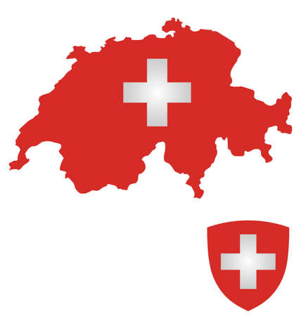 Flag and coat of arms of the Swiss Confederation overlaid on outline map isolated on white backgroundのイラスト素材