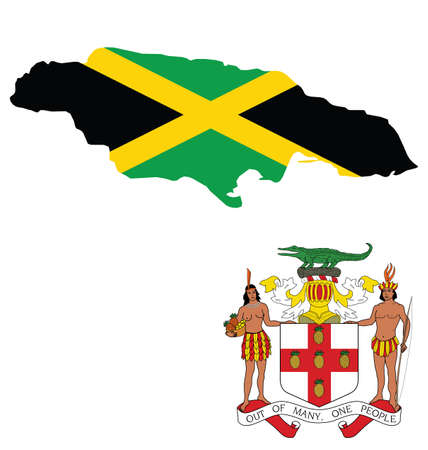 Illustration for Flag and coat of arms of Jamaica overlaid on outline map isolated on white background - Royalty Free Image