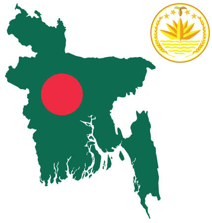 Flag and national emblem of the Peoples Republic of Bangladesh overlaid on outline map isolated on white backgroundのイラスト素材