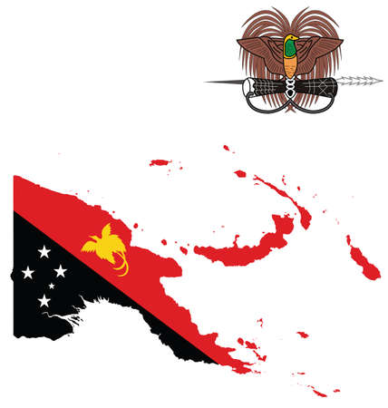Flag and state seal of the Independent State Papua New Guinea overlaid on detailed outline map isolated on white backgroundのイラスト素材