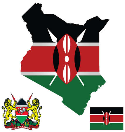 Flag and national coat of arms of the Republic of Kenya overlaid on detailed outline map isolated on white backgroundのイラスト素材
