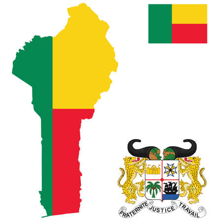 Flag and national coat of arms of the Republic of Benin overlaid on detailed outline map isolated on white backgroundのイラスト素材