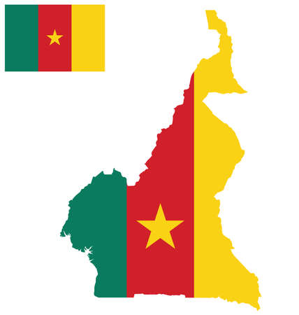 Flag of the Republic of Cameroon overlaid on detailed outline map isolated on white backgroundのイラスト素材