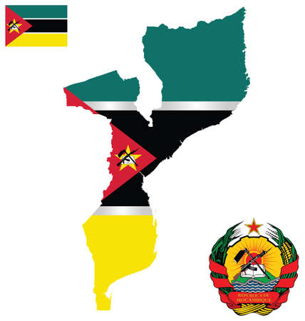 Flag and national coat of arms of the Republic of Mozambique overlaid on detailed outline map isolated on white backgroundのイラスト素材