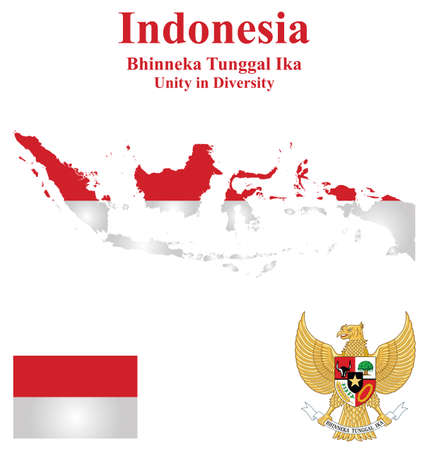 Flag and national emblem of the Republic of Indonesia which forms part of Borneo overlaid on detailed outline map isolated on white backgroundのイラスト素材