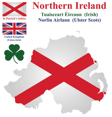 Flag and national emblem of Northern Ireland showing Saint Patrick Saltire overlaid on detailed outline map isolated on white backgroundのイラスト素材