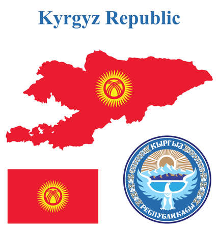 Flag and national coat of arms of the Kyrgyz Republic overlaid on detailed outline map isolated on white backgroundのイラスト素材