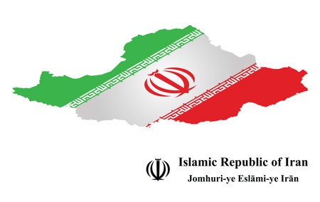 Isometric flag of the Islamic Republic of Iran overlaid on detailed outline map isolated on white backgroundのイラスト素材