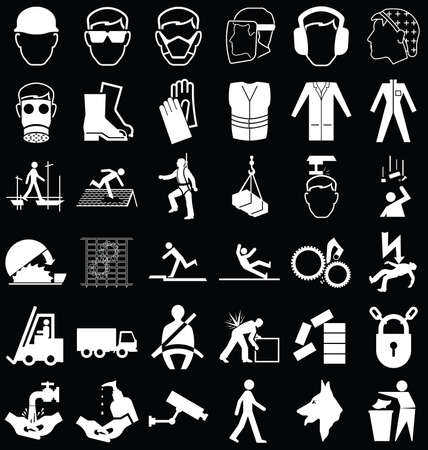 Black and white construction manufacturing and engineering health and safety related graphics set isolated on black backgroundのイラスト素材