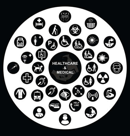 Black and white Medical and health care related circular icon collectionのイラスト素材