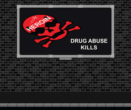 Advertising board on brick wall advertising the dangers of drug abuseのイラスト素材