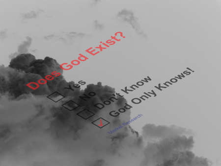 Market research does God exist question with dramatic skyscape background