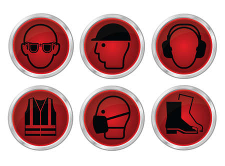 Mandatory construction manufacturing and engineering health and safety red shiny icon set to current British Standards isolated on white backgroundのイラスト素材