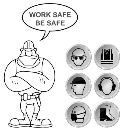 Mandatory construction manufacturing and engineering health and safety shiny grey icons to current British Standards with work safe be safe message isolated on white backgroundのイラスト素材