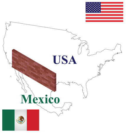 Outline USA Mexico map with brick wall at border to stop illegal immigration  isolated on white backgroundのイラスト素材