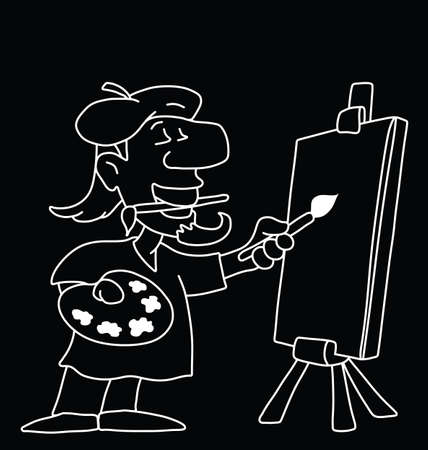 Monochrome outline cartoon artist with blank canvas for own graphics isolated  on black backgroundのイラスト素材